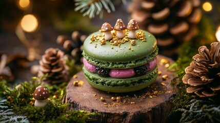wild macaroons with berry filling. Green macaroons with blackberry cream, decorated with tiny mushrooms made of mastic, stands on a sawn tree among moss and cones in a warm forest environment.