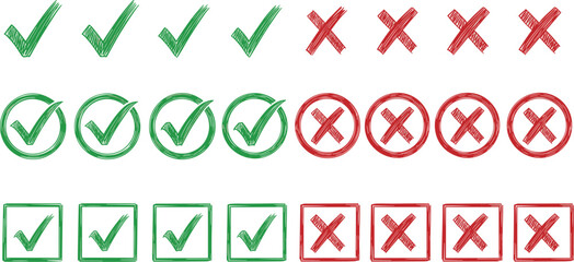 A collection of hand-drawn green checkmarks and red cross marks. This set includes symbols inside circles and squares, featuring a watercolor brush stroke texture