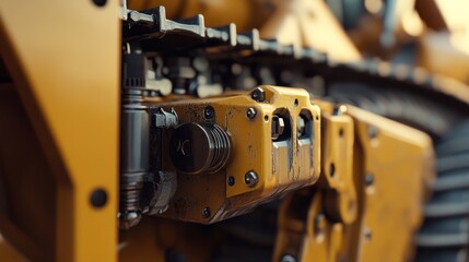 Fototapeta premium Close-up of weathered yellow heavy machinery track.