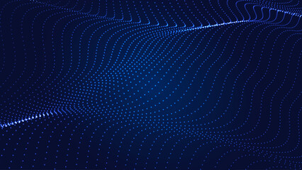Wave of flowing particles on a dark background. Abstract backdrop with dynamic elements of waves and dots. Vector