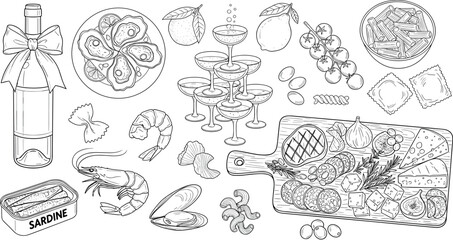 A delightful spread of gourmet food and drinks, featuring seafood, cheese, fruit, pasta, and champagne for a celebratory occasion