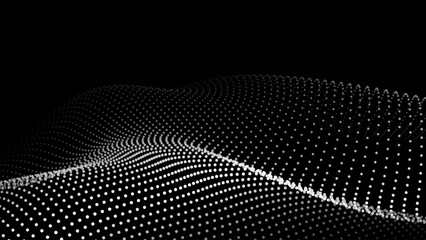 Wave of flowing particles on a dark background. Abstract backdrop with dynamic elements of waves and dots. Vector