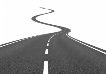 Winding asphalt road with white lines isolated on white background