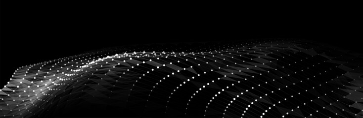 Wave of flowing particles on a dark background. Abstract backdrop with dynamic elements of waves and dots. Vector