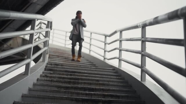 Stylish townsman walking in downtown, walking down ladder in autumn day. Portrait of young african american male person strolling over stairs, casual style of clothes in cold weather in fall or winter