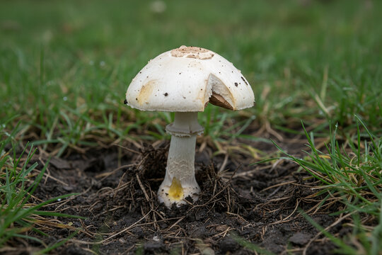 agaricus xanthodermus Amanita mushroom growing in the grass, a close-up shot of a wild fungus in nature