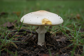 agaricus-xanthodermus-Close-up of a white mushroom growing in the forest with green grass