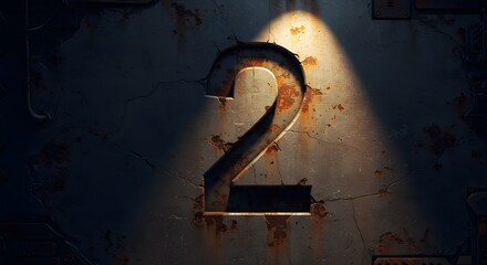 Rusty metallic surface features a large number "2" illuminated by a beam of light