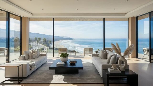 Bright living room with ocean view featuring modern sofas, coffee table, and floortoceiling windows