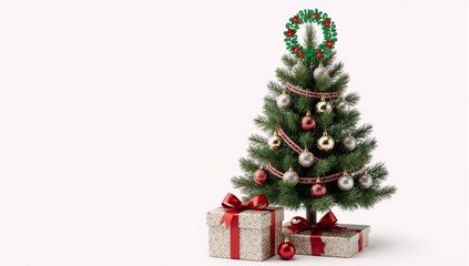 Christmas greeting card clipart set featuring pine trees gift boxes and xmas balls in an elegant illustration style