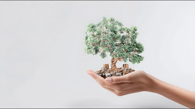 Hand grasping a small tree symbolizing growth and abundance in a positive mindset and flourishing mentality concept. Hand Holding a Tree Growing from Coins &ndash; Animated Video Version