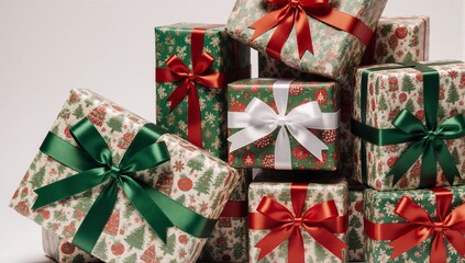 Colorful gift boxes stacked in a flat style adorned with ribbons and bows