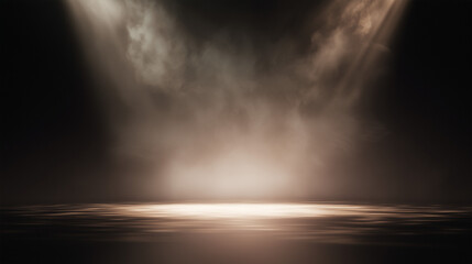 A dramatic stage illuminated by a smoky spotlight, creating an atmospheric and moody scene. event programs, museum guides, designed for cultural heritage projects and event programs.