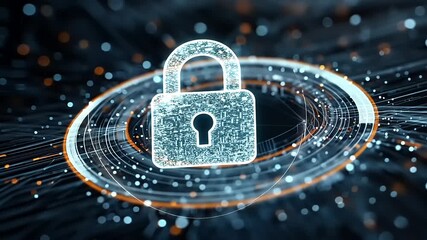 Digital lock symbolizing cybersecurity, surrounded by glowing data streams and network connections - Powered by Adobe