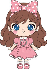 Cute cartoon girl, pink dress, heart design, polka dot bow, kawaii style, kids theme, flat vector illustration