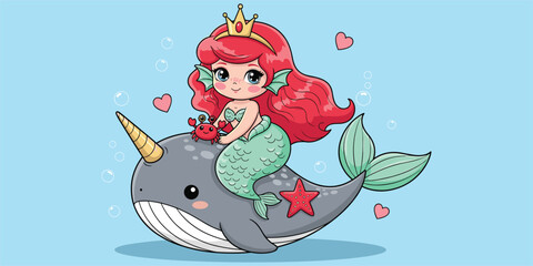 Cute mermaid cartoon, red hair, golden crown, narwhal ride, underwater scene, fantasy theme, kids design, flat vector illustration © Mehebub Creatives