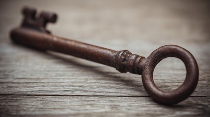 A house key symbol resting on vintage wood representing property and ownership concepts. real-estate listings.