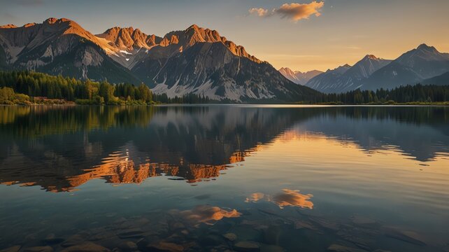 Serene mountain lake reflection at sunrise, golden light on peaks, tranquil water, peaceful nature landscape.