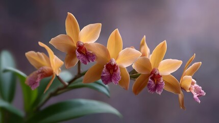 A close up view of delicate orange and pink orchids with intricate centers set against a softly blurred background