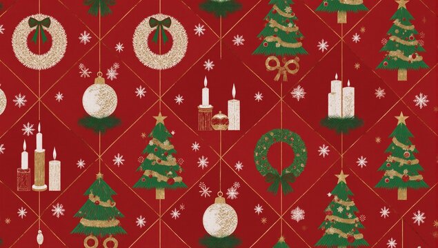 Christmas-themed geometric pattern with holiday icons and modern abstract print featuring red green and gold colors for trendy wrapping paper or wallpaper - Powered by Adobe