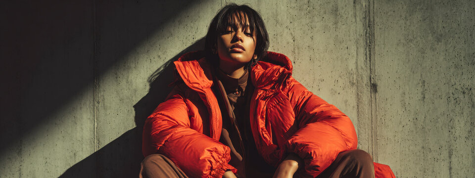 A woman in a vibrant orange puffer jacket poses against a textured wall.