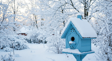 Snow-covered blue birdhouse in winter garden surrounded by trees  