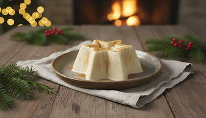 Star-shaped  ice cream holiday dessert on rustic table by warm fireplace