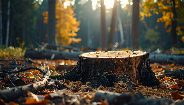 Tree stump in forest, sawdust and fallen branch, timber harvesting scene. Natural blurred landscape - Powered by Adobe