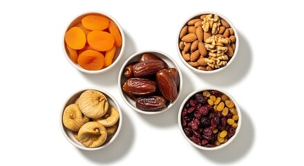 Top-view composition of assorted dry fruits in small ceramic bowls on a clean white background, minimalistic modern layout, studio lighting, high-resolution food photography, sharp focus