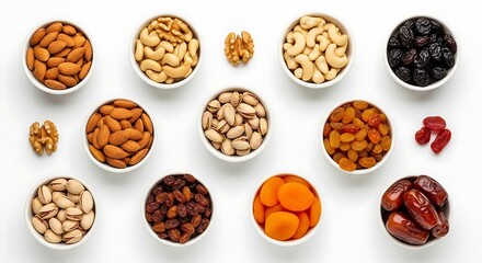 Top-view composition of assorted dry fruits in small ceramic bowls on a clean white background, minimalistic modern layout, studio lighting, high-resolution food photography, sharp focus