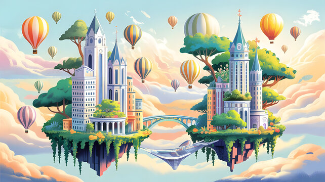 Whimsical floating islands with ornate castles and hot air balloons in a dreamy sky, fantasy, castle, floating island, hot air balloon, sky, clouds, dreamy, whimsical, magical, surreal, adventure