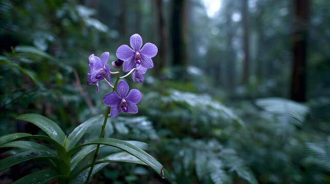 A delicate purple orchid blooms in a misty shaded rainforest with lush foliage and tall trees in the background