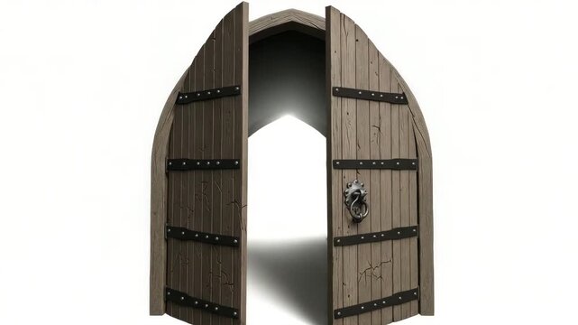 Ajar wooden arched door with metal hinges isolated on white background, revealing a glimpse into another world