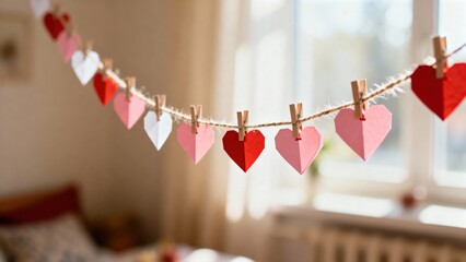 Colorful paper hearts hanging on a string with clothespins in a bright room, creating a festive atmosphere for celebrations, showcasing love and creativity in home decor and seasonal decorations