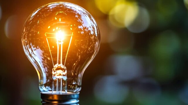 brightly lit traditional light bulb shines against a blurred natural green bokeh background, representing brilliant ideas, innovation, and environmental consciousness