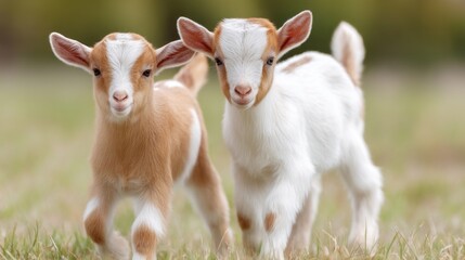 Obraz premium Two playful goat babies wander through a lush green field under the warm summer sun, their soft fur glistening. They bounce with energy, enjoying their vibrant surroundings