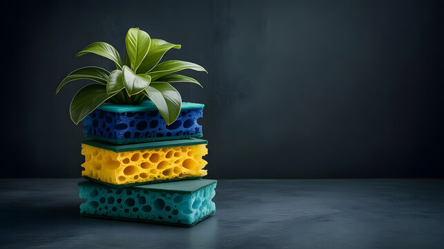 Stack of colorful kitchen sponges with a green plant growing from the top sponge, sponge, kitchen, cleaning, household, plant, green, growth, nature, organic, eco-friendly, sustainable, home, domestic