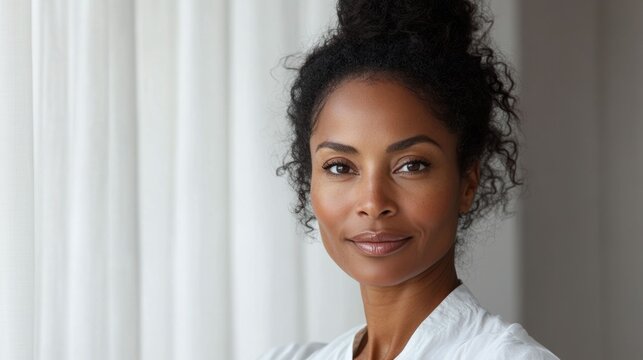A calm and clean portrait of a mature African American woman against bright curtains reflecting soft daylight.