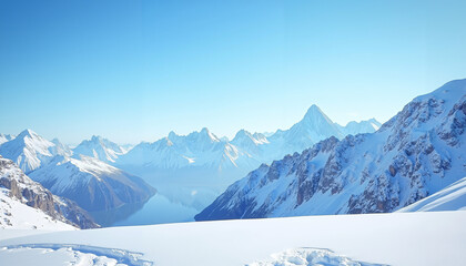 Winter mountain landscape with snow-covered peaks under blue sky