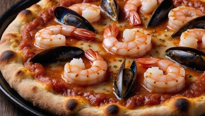 Close-up of gourmet pizza featuring fresh seafood toppings scallops shrimp mussels