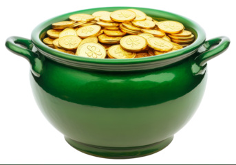 Large Green Pot with Gold Coins Isolated on transparent background. St. Patrick's Day concept, png