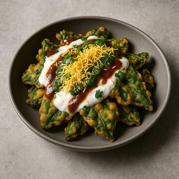 Crispy palak patta chaat topped with chutneys, yogurt and fine sev in modern style