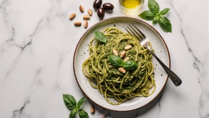 Flat lay of classic Italian pesto pasta with pine nuts olives  basil on a white marble background
