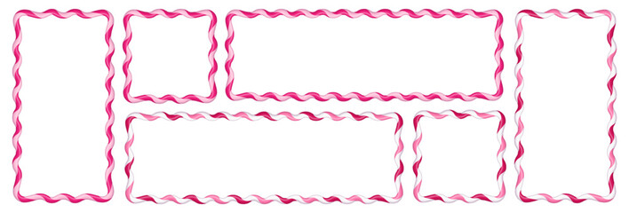 A set of festive candy cane frames with pink, red, and white stripes. A design featuring striped Christmas or Valentine's Day candy canes. Template with space for text. Vector illustration isolated 