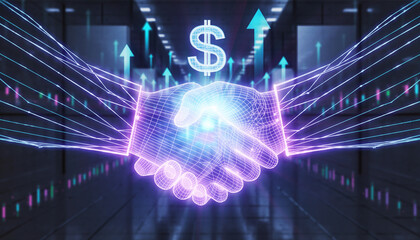 Futuristic wireframe handshake with glowing dollar symbol and upward arrows representing digital business growth