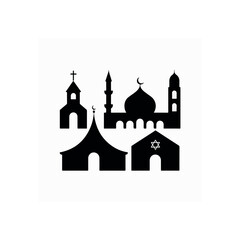 Black silhouette icons of diverse religious buildings on white background religion faith
