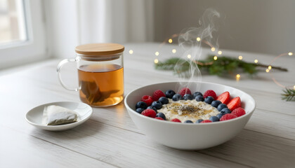Warm oatmeal with fresh berries and hot tea on a cozy winter morning