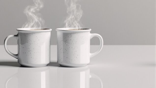 Mockup of two white coffee mugs on a plain background for logo placement - Powered by Adobe