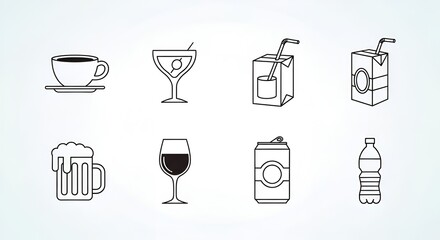 Minimalist Vector Illustration Featuring Assorted Beverage Icons on a Light Background