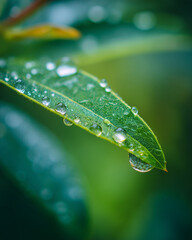 Crystal Clear Water Droplets on Fresh Green Leaf - Nature's Purity, 신선한 녹색 잎 위의 투명한 물방울 - 자연의 순수함
